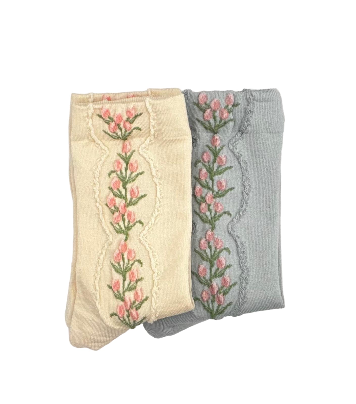 Garden Bloom Socks (Beige & Blue)