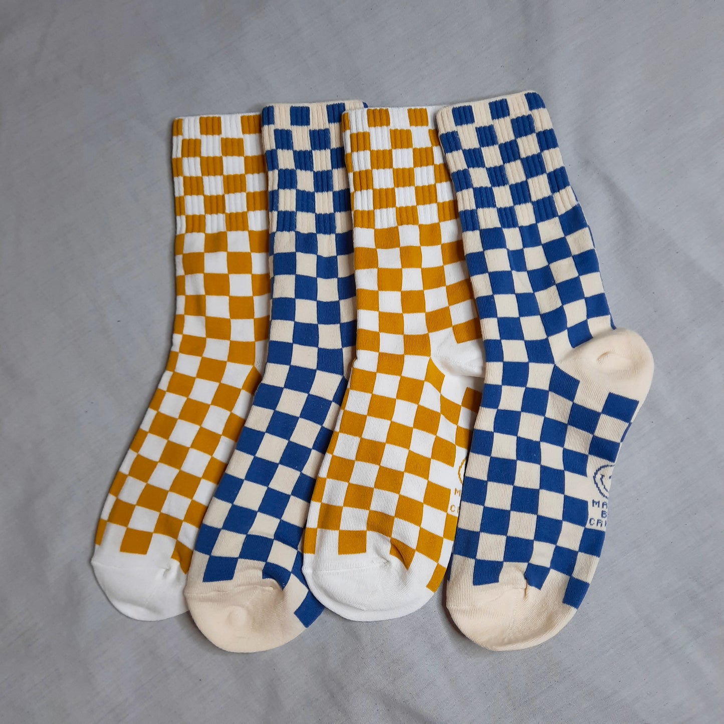 Checkerboard Crush Socks (Mustard, Blue)