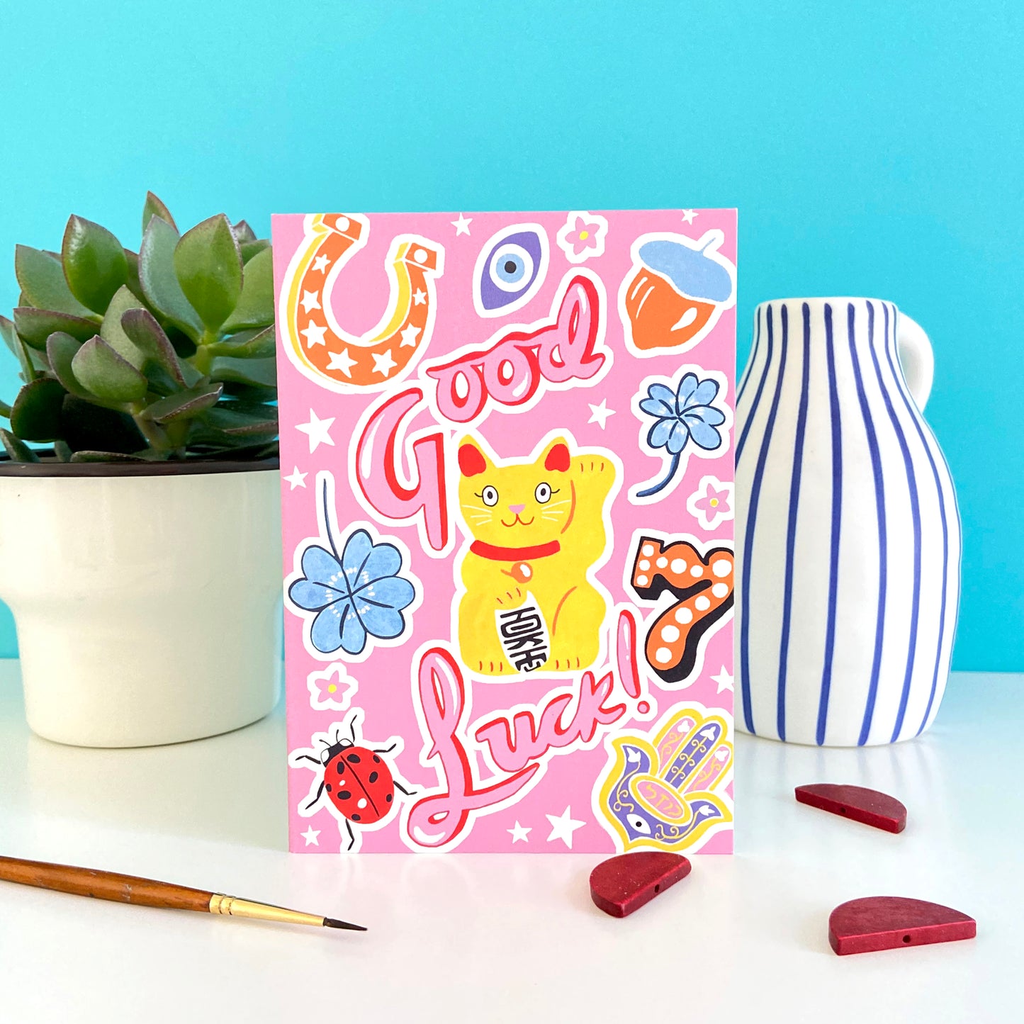 Icka - Lucky Cat Good Luck Collage Greeting Card