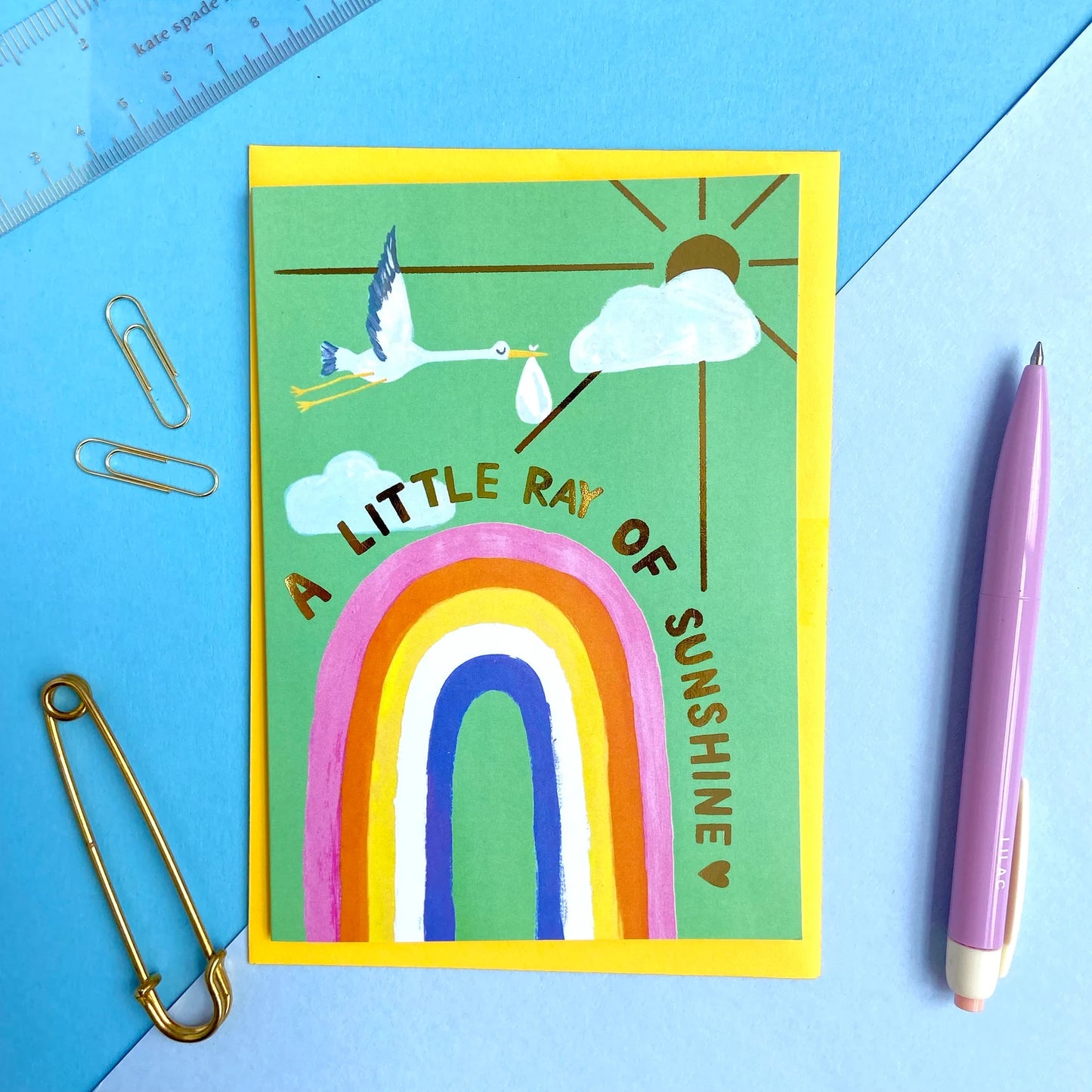 Icka - Baby Stork Ray of Sunshine Greeting Card (Gold Foiled)