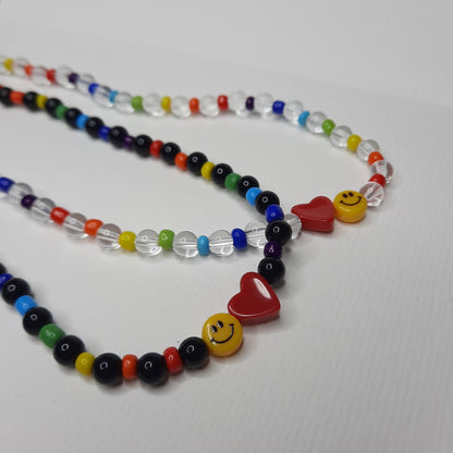 Heart and Smiles Rainbow Beaded Necklace (Clear, Black)
