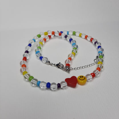 Heart and Smiles Rainbow Beaded Necklace (Clear, Black)