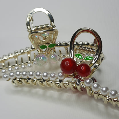 Pearls and Cherries Gold Claw Clip (Pearl, Red)