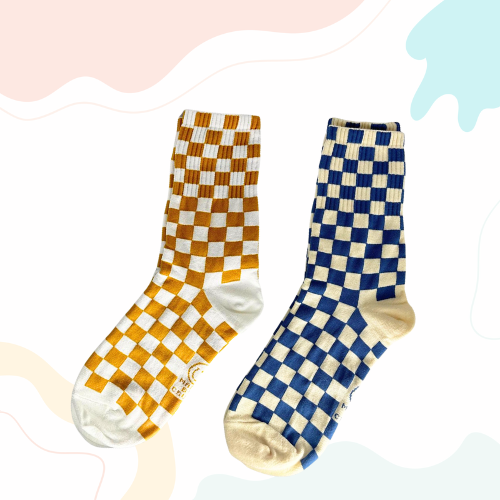 Checkerboard Crush Socks (Mustard, Blue)