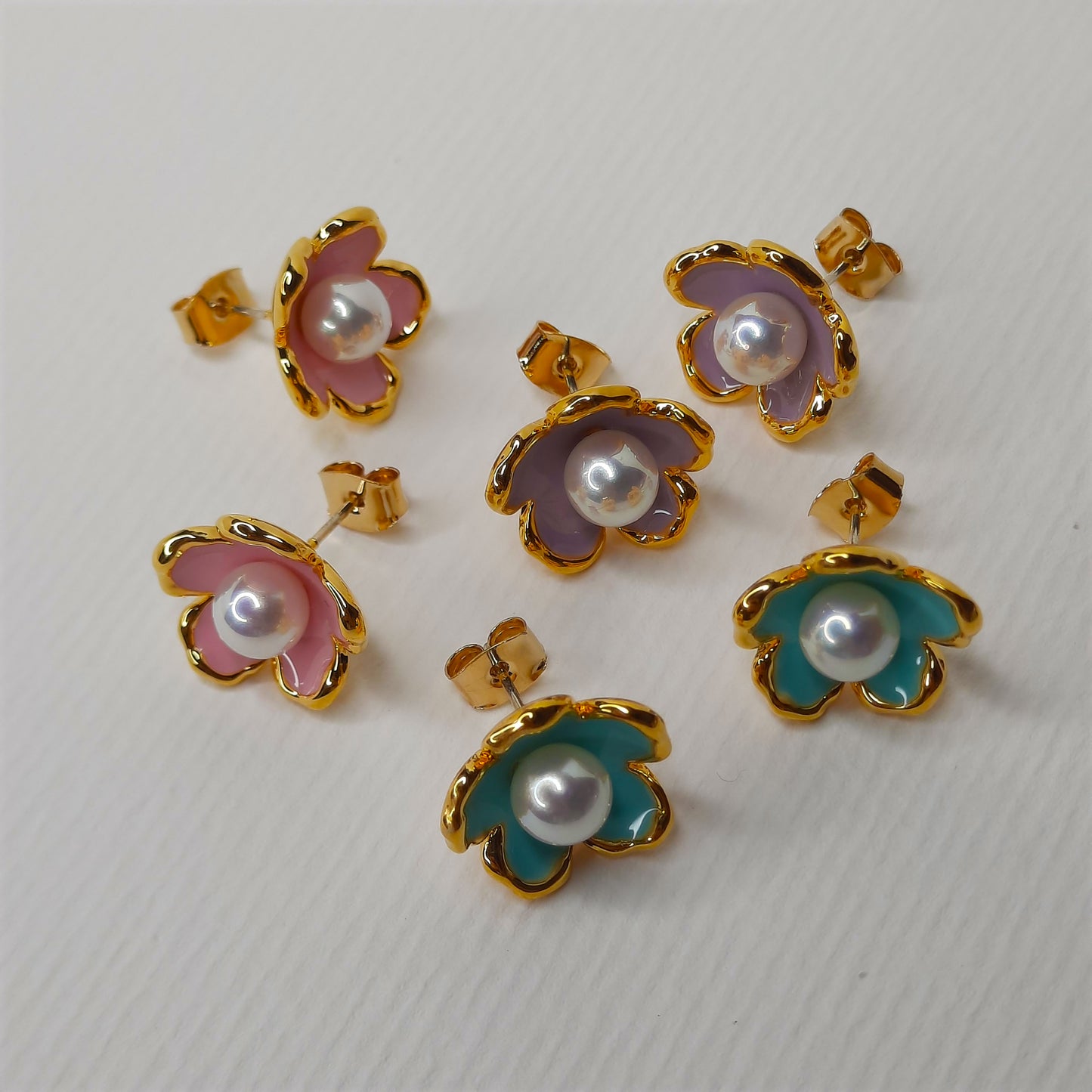 Colourful Pearl And Gold Flower Stud Earrings (Pink, Mint, Purple)- AIGOO