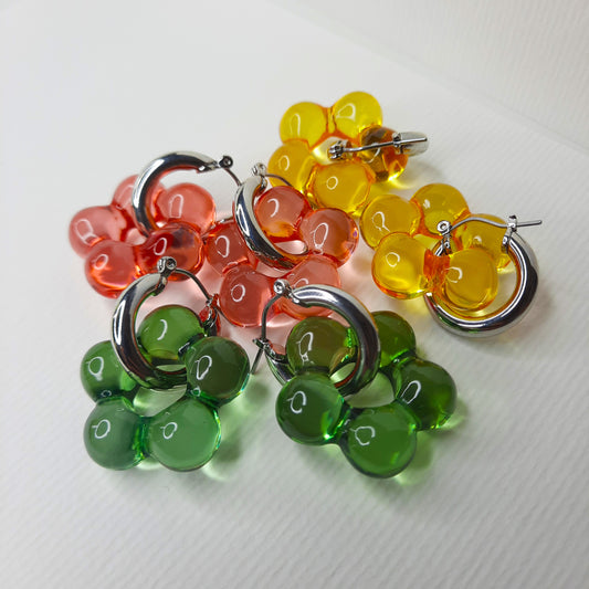 Jelly Flower Dangle Hoop Earrings (Pink, Green, Yellow)