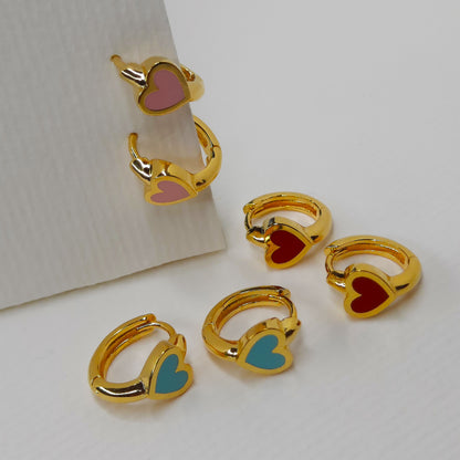 Gold Heart Mini Hoop Earrings (Red, Pink, Mint)