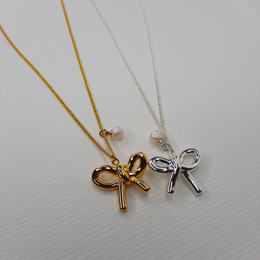 Ribbon Bow Necklace (Gold, Silver)