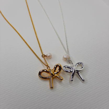 Ribbon Bow Necklace (Gold, Silver)