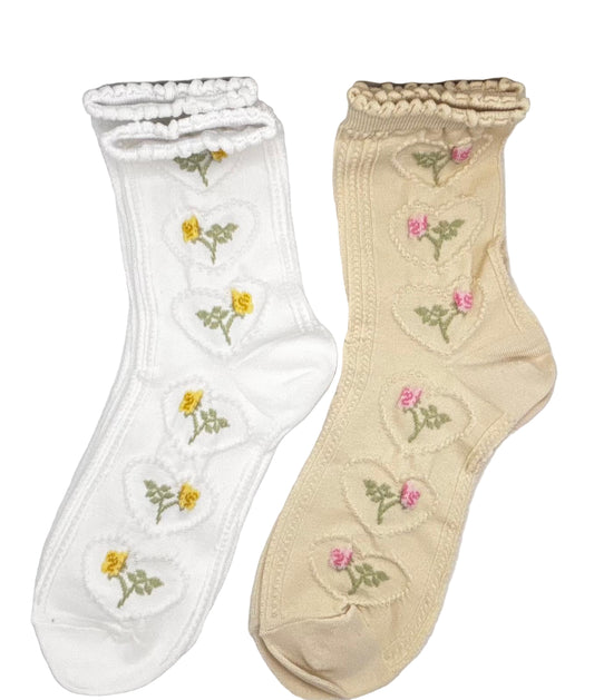 Rose Bloom Socks (White & Beige)