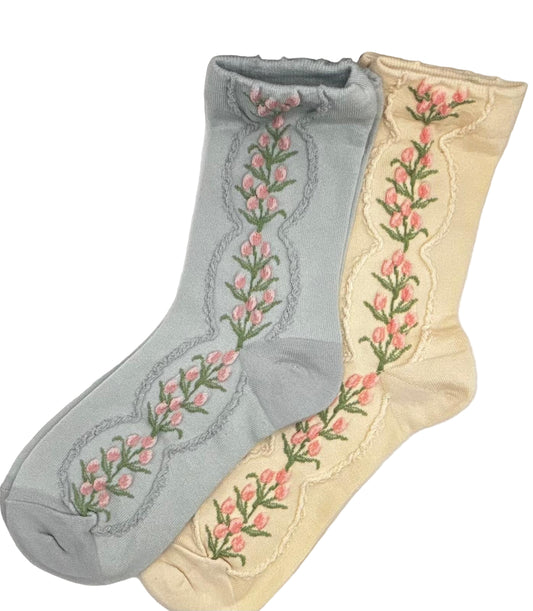 Garden Bloom Socks (Beige & Blue)