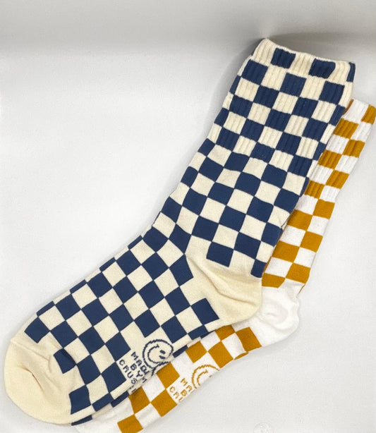 Checkerboard Crush Socks (Mustard, Blue)