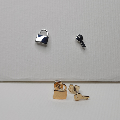 Lock and Key Mini Stud Earrings (Gold, Silver) - AIGOO