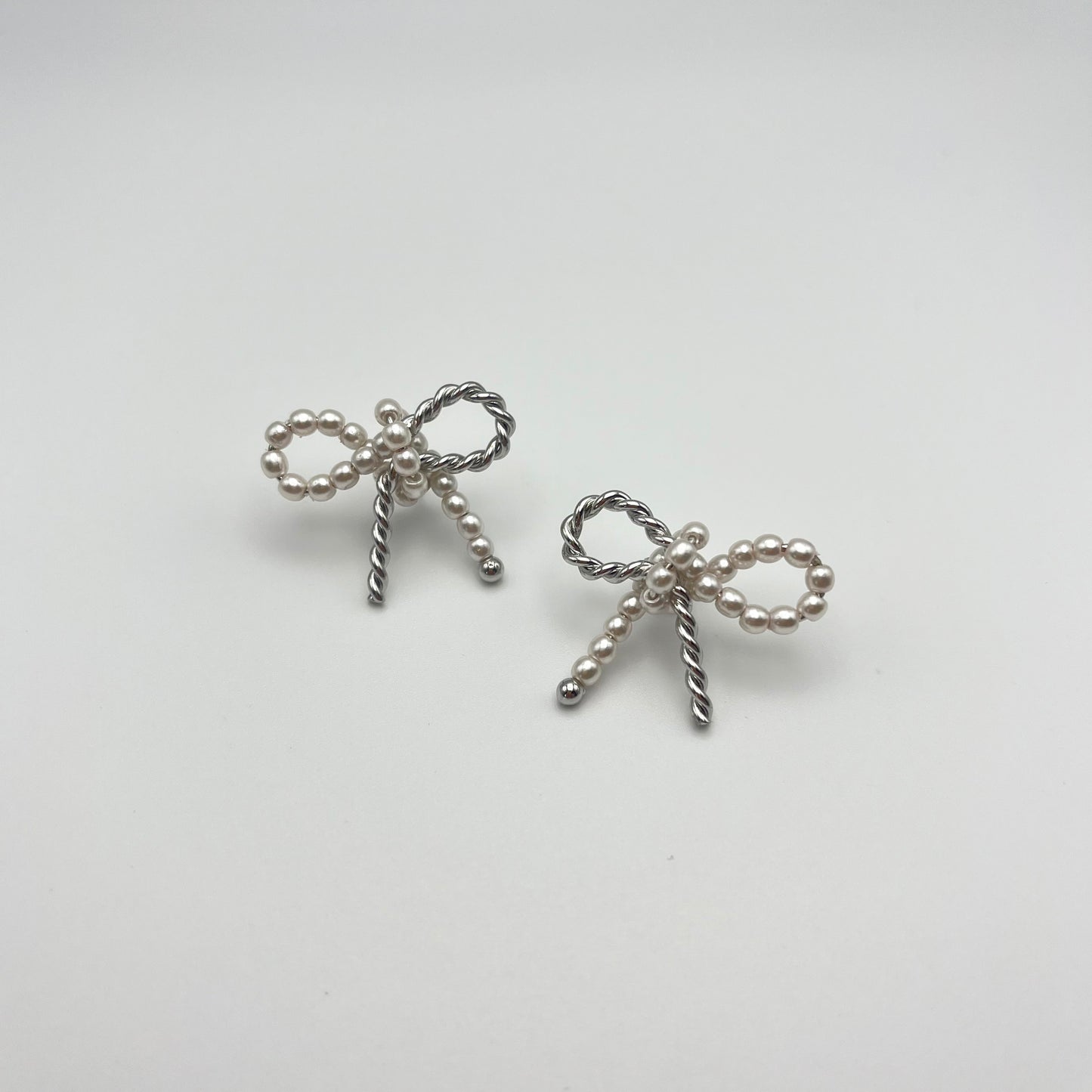 Woven Pearl Bow Stud Earrings (Silver) | Small Stud Earrings | AIGOO UK