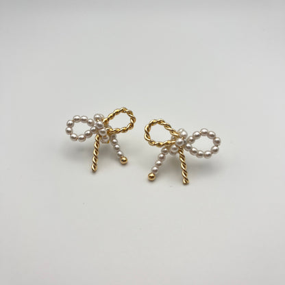 Woven Pearl Bow Stud Earrings (Gold) | Small Stud Earrings | AIGOO UK