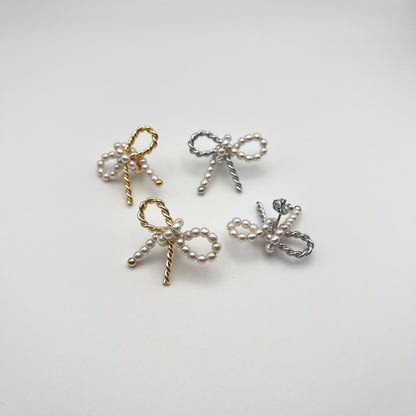 Woven Pearl Bow Stud Earrings (Gold, Silver) | Small Stud Earrings | AIGOO UK