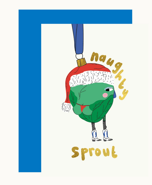 Naughty Sprout Gold Foil Christmas Card