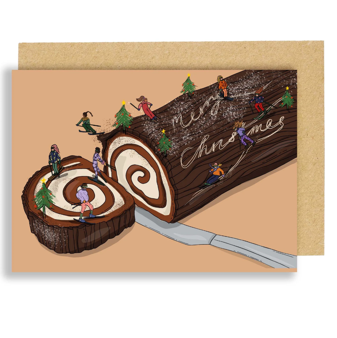 Skiing On the Yule Log Christmas  Card