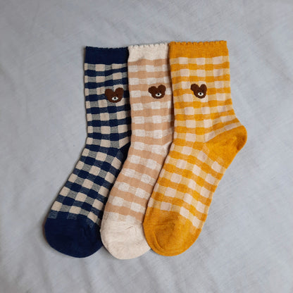 Teddy Picnic Gingham Socks (Blue, Beige, Yellow)