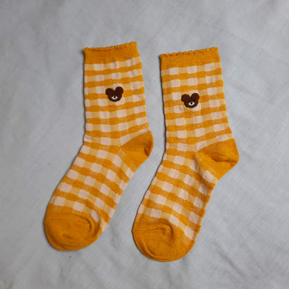 Teddy Picnic Gingham Socks (Blue, Beige, Yellow)