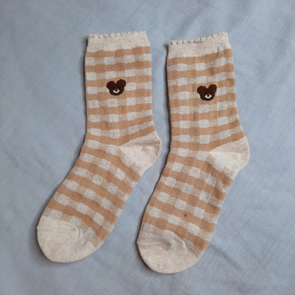 Teddy Picnic Gingham Socks (Blue, Beige, Yellow)