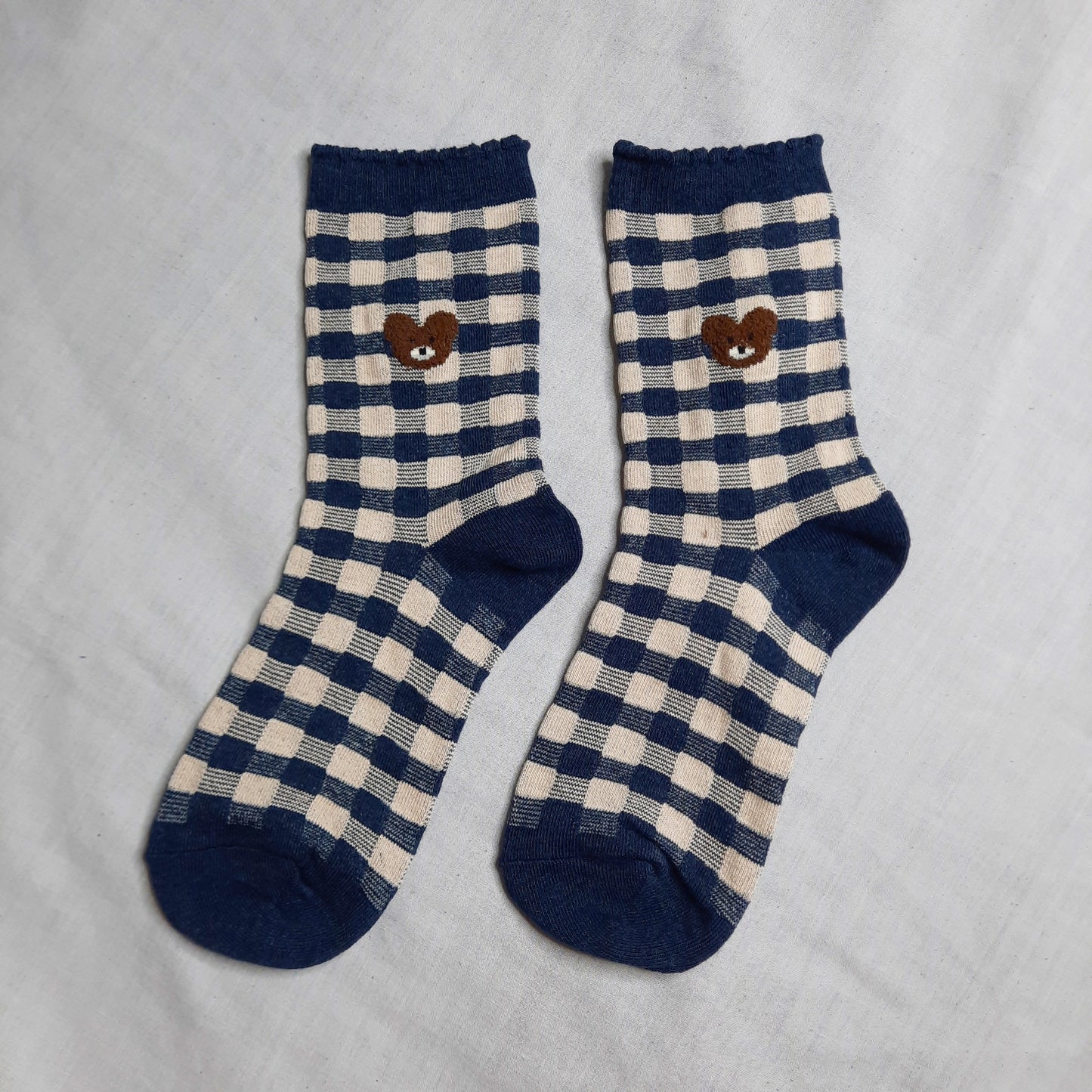 Teddy Picnic Gingham Socks (Blue, Beige, Yellow)