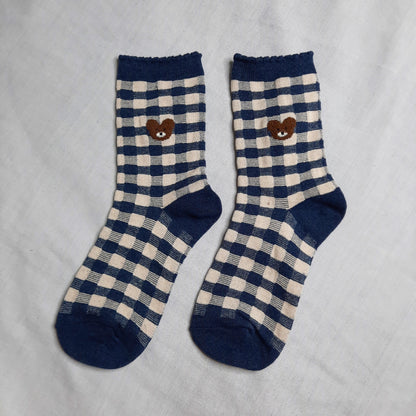 Teddy Picnic Gingham Socks (Blue, Beige, Yellow)