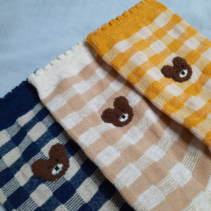 Teddy Picnic Gingham Socks (Blue, Beige, Yellow)